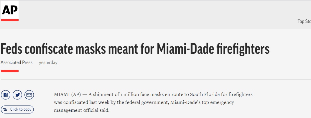 口罩▲美国地方官员指责联邦政府出手“截胡”100万只口罩：这是打劫！