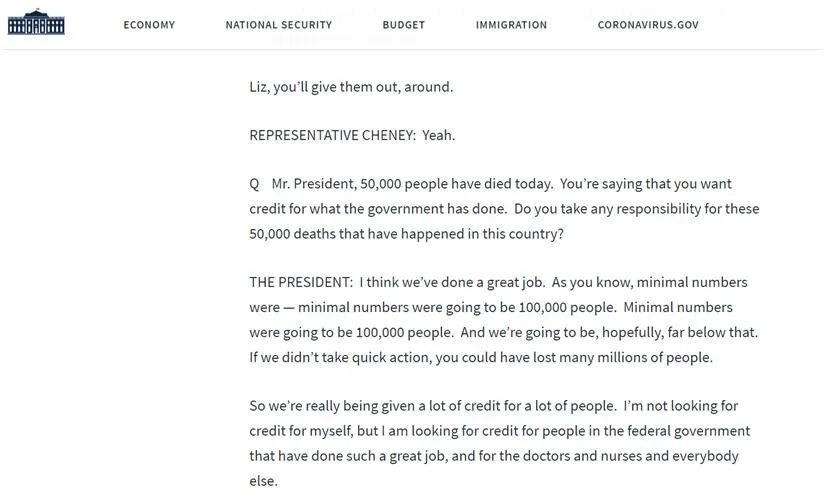 特朗普@为5万美国人死亡负责吗？特朗普的回答很“特朗普”