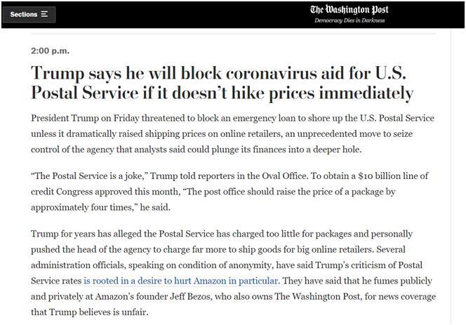 「邮政局」特朗普拿援助款威胁美邮政局提高邮费 美媒爆料其矛头指向一家企业