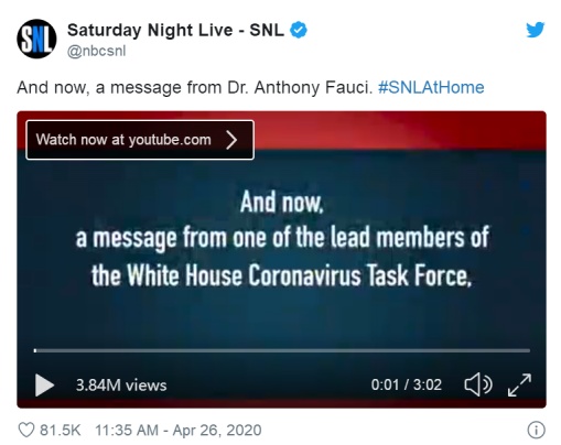 皮特▲布拉德·皮特“周六夜现场”节目中扮演福奇，吐槽特朗普新冠言论