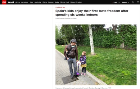 「国际」欧美媒体关注:44天后,西班牙14岁及以下年龄孩子今起获准每天可外出活动1小时
