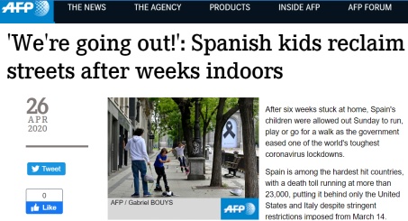 「国际」欧美媒体关注:44天后,西班牙14岁及以下年龄孩子今起获准每天可外出活动1小时