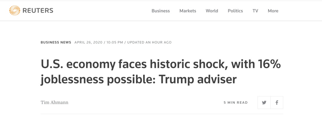 「大萧条」美国这个数据，将接近上世纪30年代大萧条！