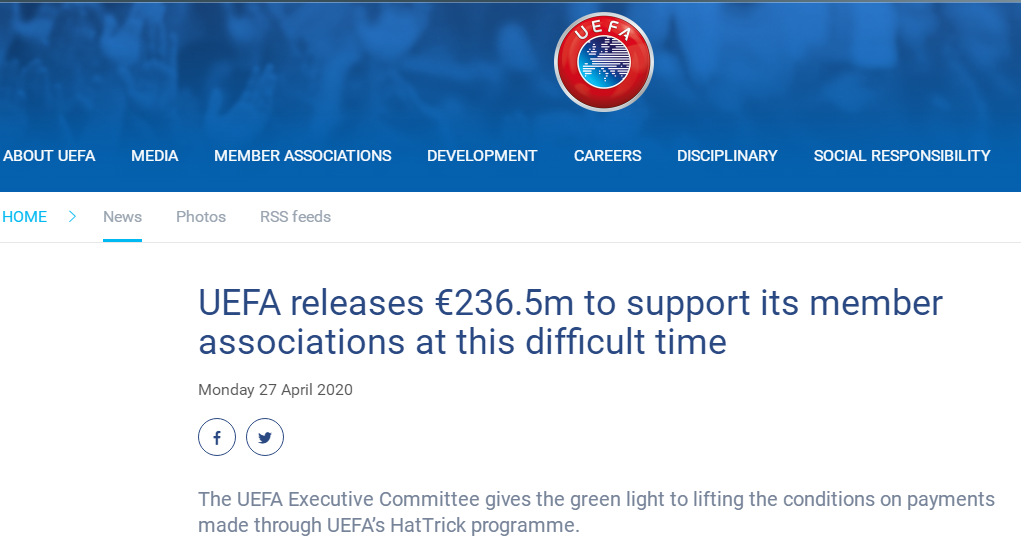 [欧足联]欧足联2.365亿欧元援助会员抗疫： 每个协会最高可获430万欧元拨款