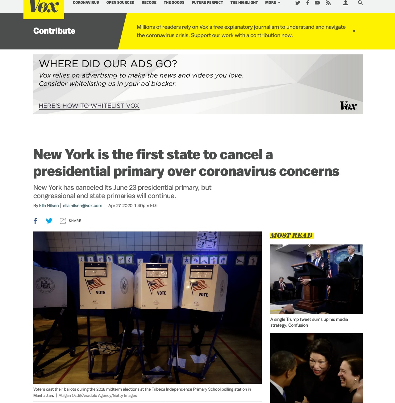 『总统初选』纽约州因疫情取消6月23日总统初选，美媒：系美国首个取消初选的州