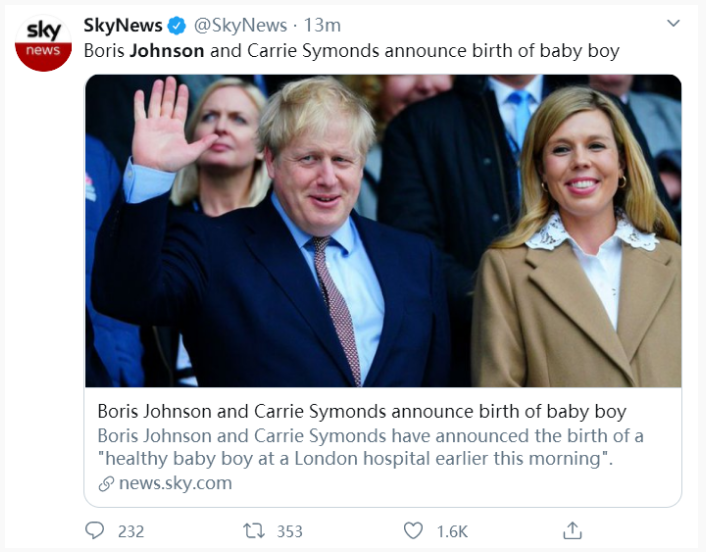 「英国首相」新冠肺炎康复不久,英国首相约翰逊喜当爹