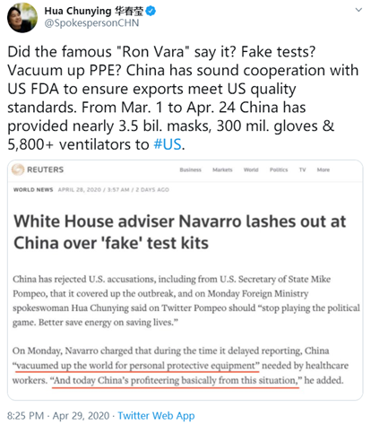 『国际』纳瓦罗杜撰“中国向美提供假试剂盒”，华春莹连发三问回击