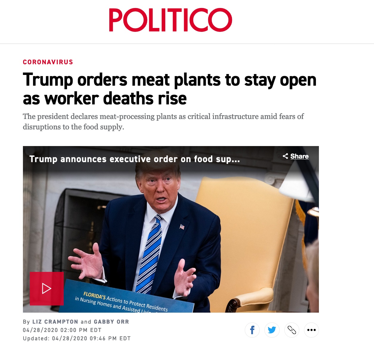 「特朗普」担心陷“肉荒”，特朗普下令肉类加工厂不得关门，行业协会不满！