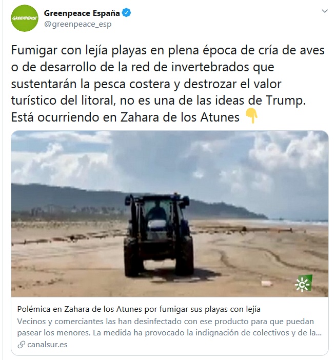 「特朗普」西班牙小镇为防疫在海滩喷消毒剂挨批,环保组织吐槽:听起来像特朗普出的主意