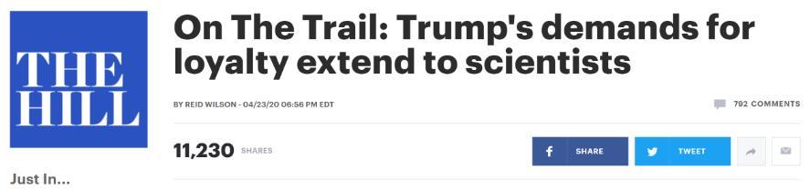 特朗普■确诊病例过百万 美媒：特朗普政府“无视科学”的代价