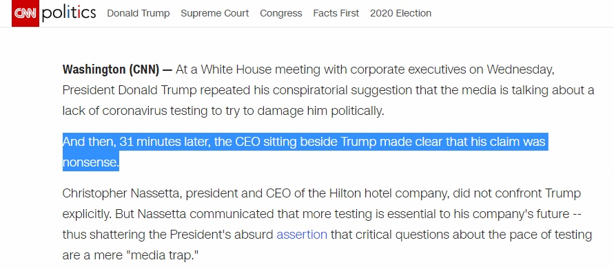 【特朗普】特朗普再抱怨媒体“阴谋论”，CNN：坐在旁边的希尔顿CEO一番话表明他在“胡说”