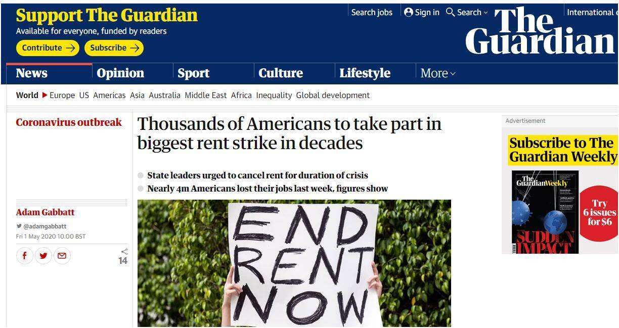 「疫情」疫情致超3000万美国人申请失业救济，外媒：数千人将参加几十年来最大规模房租罢工活动