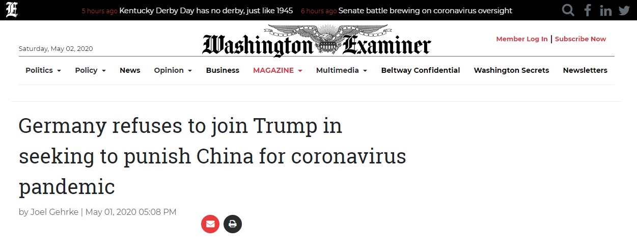 「疫情」德官员拒绝跟随特朗普惩罚中国：当务之急是应对疫情，感谢中国的贡献