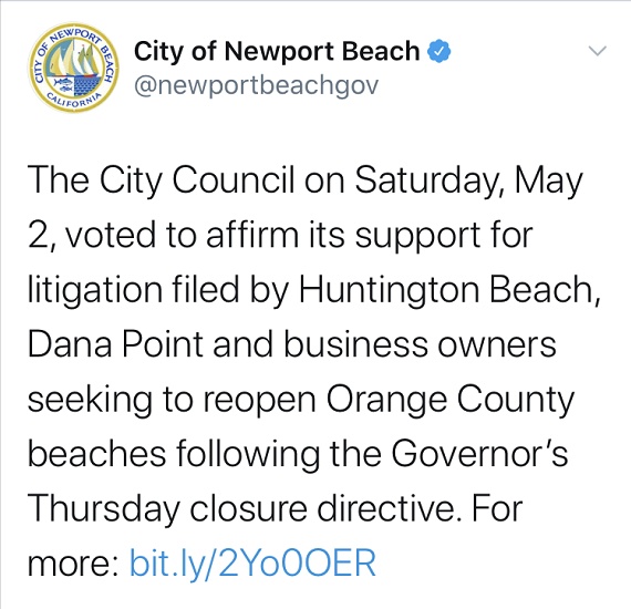 美国加州■美国加州纽波特比奇市加入诉讼行列 抗议州长强制关闭海滩