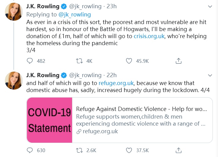 #疫情#帮助疫情中无家可归者和家暴受害者，《哈利波特》作者J·K·罗琳捐出100万美元