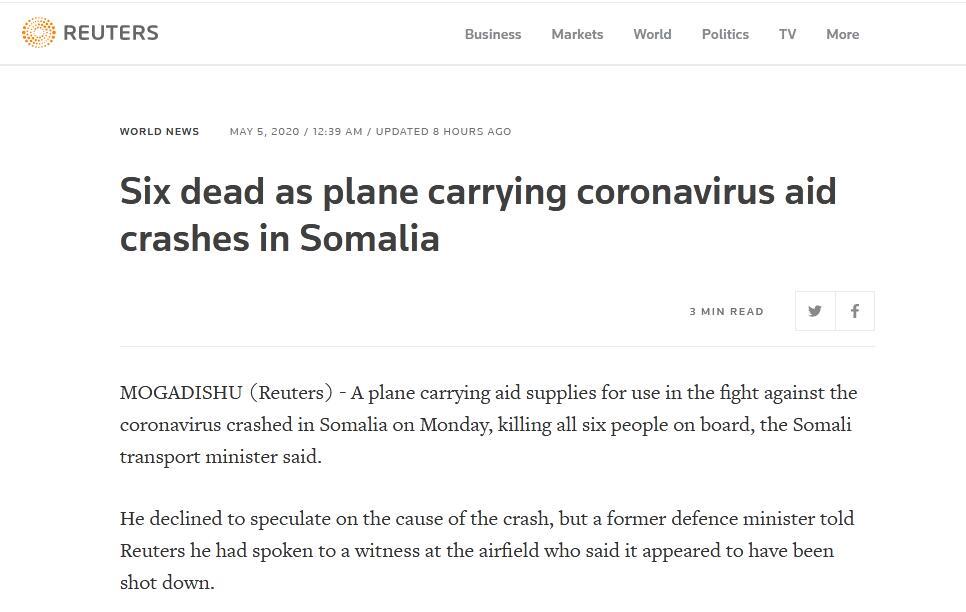 [肺炎]一架运载新冠肺炎医疗物资飞机在索马里坠毁，索马里前防长：飞机疑被击落