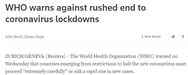 疫情世卫组织警告:不要匆忙结束封锁,重回封城风险仍存在!
