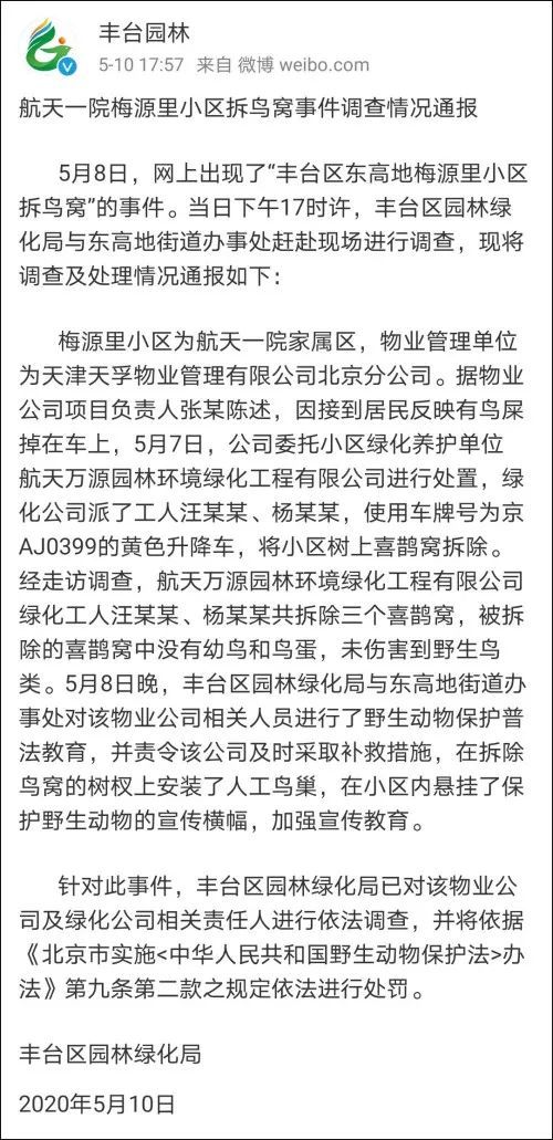 社会谁捅了鸟窝，又让它们住进“人工新家”？北京通报小区拆鸟窝事件→