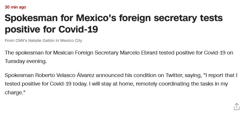 阿尔瓦墨西哥外交部长发言人宣布自己新冠检测呈阳性:我将待在家