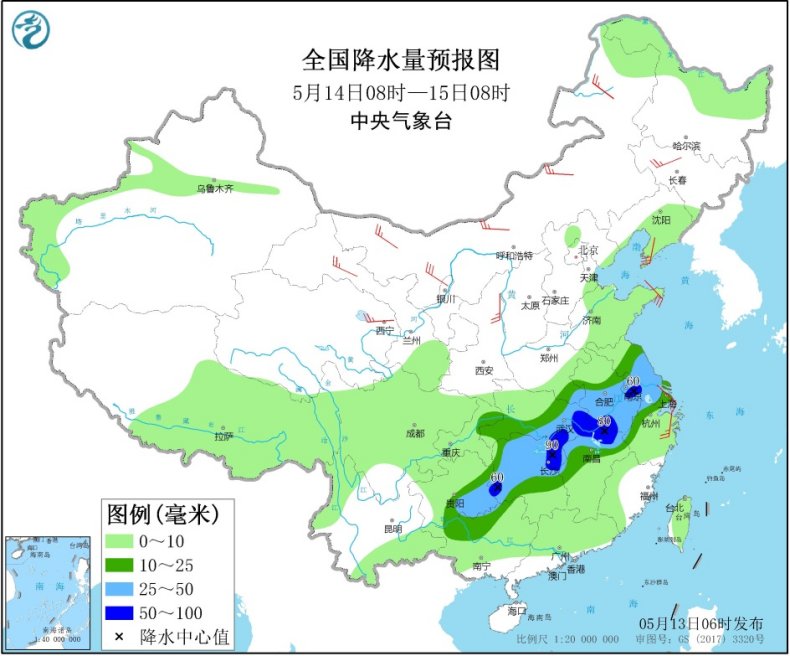 中国气象局长江中下游等地将有较强降雨华北中南部黄淮北部等地有沙尘