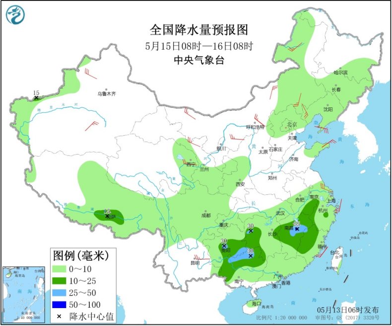 中国气象局长江中下游等地将有较强降雨华北中南部黄淮北部等地有沙尘