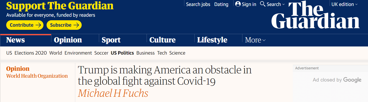 特朗普外媒：特朗普政府让美国成为全球战“疫”的一大障碍