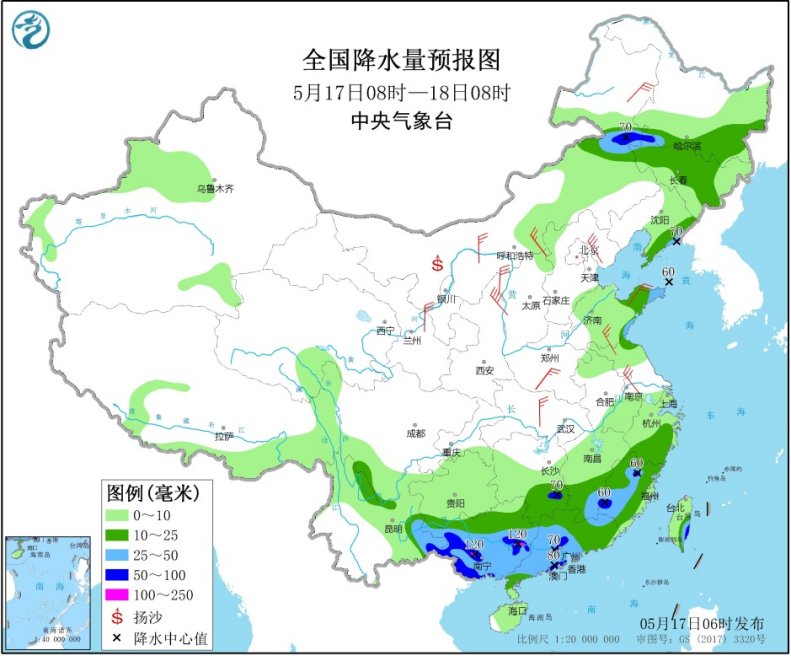 天气华南等地有较强降雨和强对流天气黄海部分海区有大雾