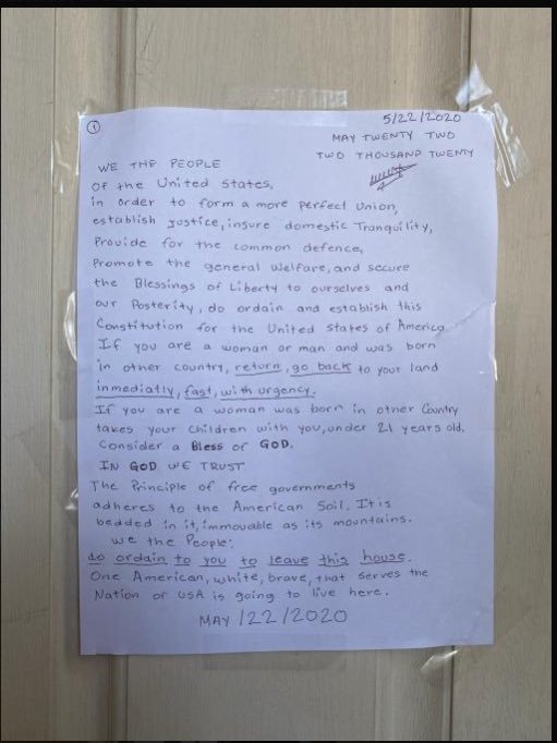 国际社会美国女子张贴仇恨信件声称“这里容不下亚裔” 被警方逮捕