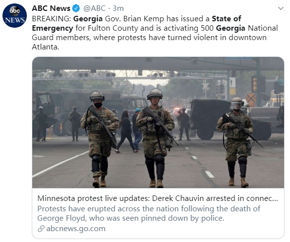 国际|快讯!美国佐治亚州州长宣布紧急状态,出动500国民警卫队