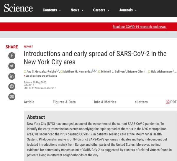 科学|《科学》刊发美国研究：纽约新冠病毒主要由欧洲和美洲引入