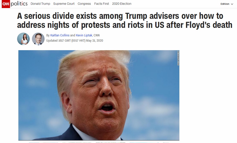 特朗普|美媒：如何应对暴力示威，白宫“分裂”
