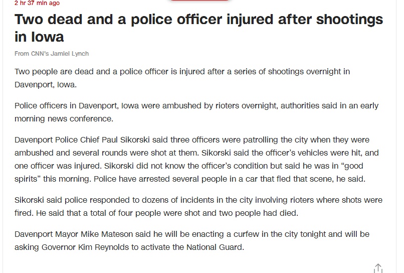 美国警察|抗议活动持续，美国艾奥瓦州发生多起枪击事件：2人死亡，1名警察受伤