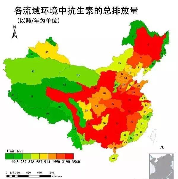 中科院曾发布一副 抗生素污染地图,其中显示了各地抗生素的使用量和