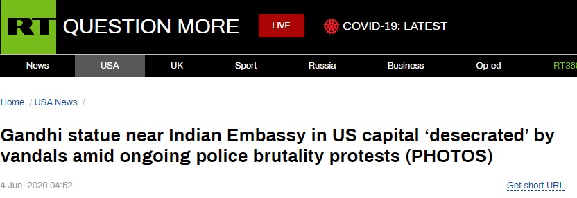 甘地|甘地雕像在美抗议活动中被破坏，被涂“种族主义者”等字眼