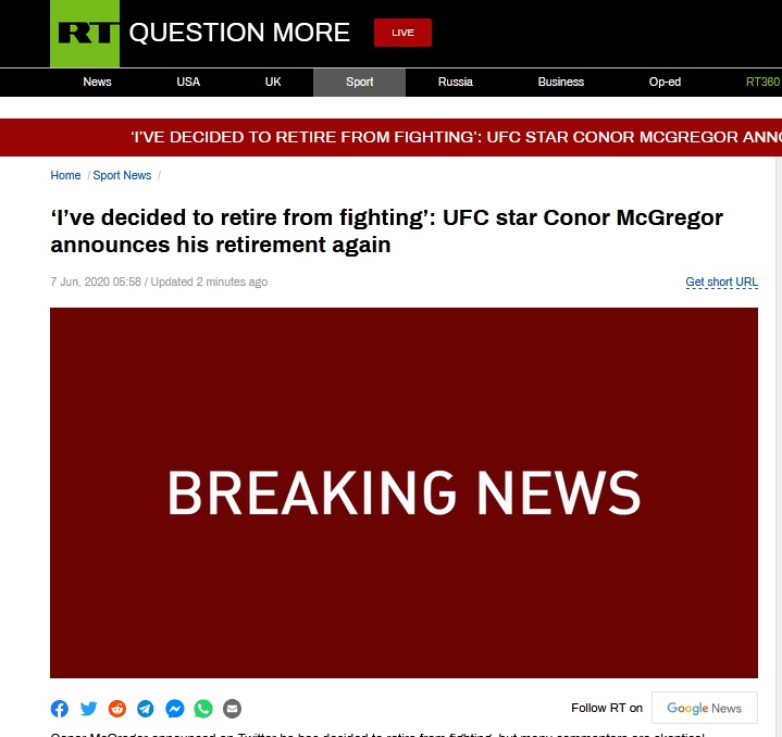 麦格雷戈|快讯！美国UFC明星康纳·麦格雷戈再次宣布退役：我决定退出战斗