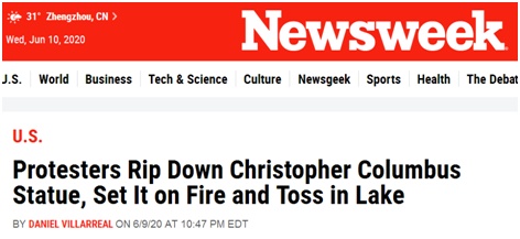 雕塑|又倒一座！美国示威者拆除哥伦布雕像：纵火并扔入湖中