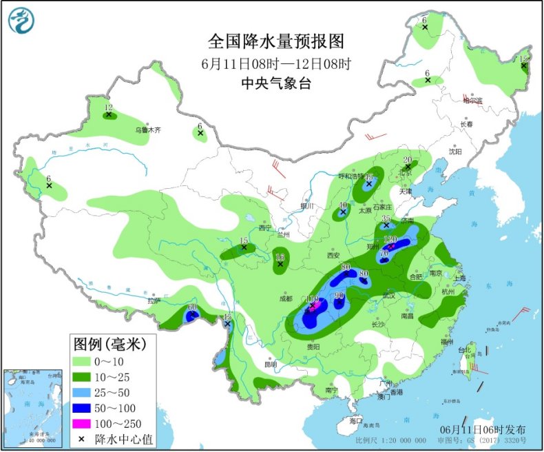 中国气象局|西南地区东部至黄淮等地有较强降雨东北华北等地多阵雨或雷阵雨