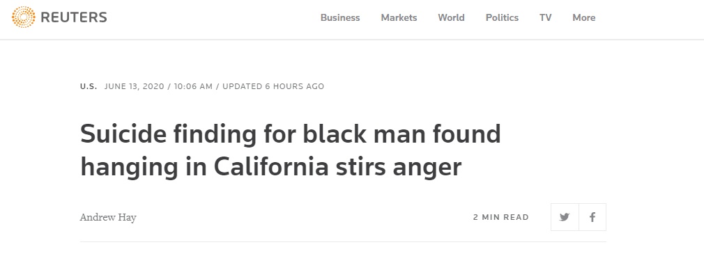 国际社会|一美国黑人男子被发现吊死在树上，警方2天得出结论称“可能系自杀”，民众怒了！