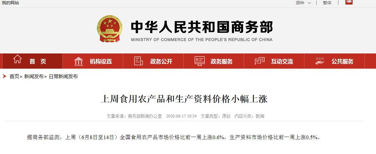 商务部|商务部：上周食用农产品和生产资料价格小幅上涨 猪肉批发价格上涨3%