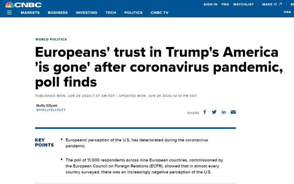 环球网|大多数欧洲人因疫情对美国看法越来越负面