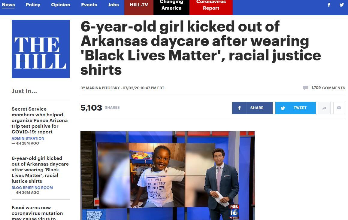 国际|因穿着印有“黑人的命也是命”等内容T恤去上学,美国6岁女孩被托儿所开除......