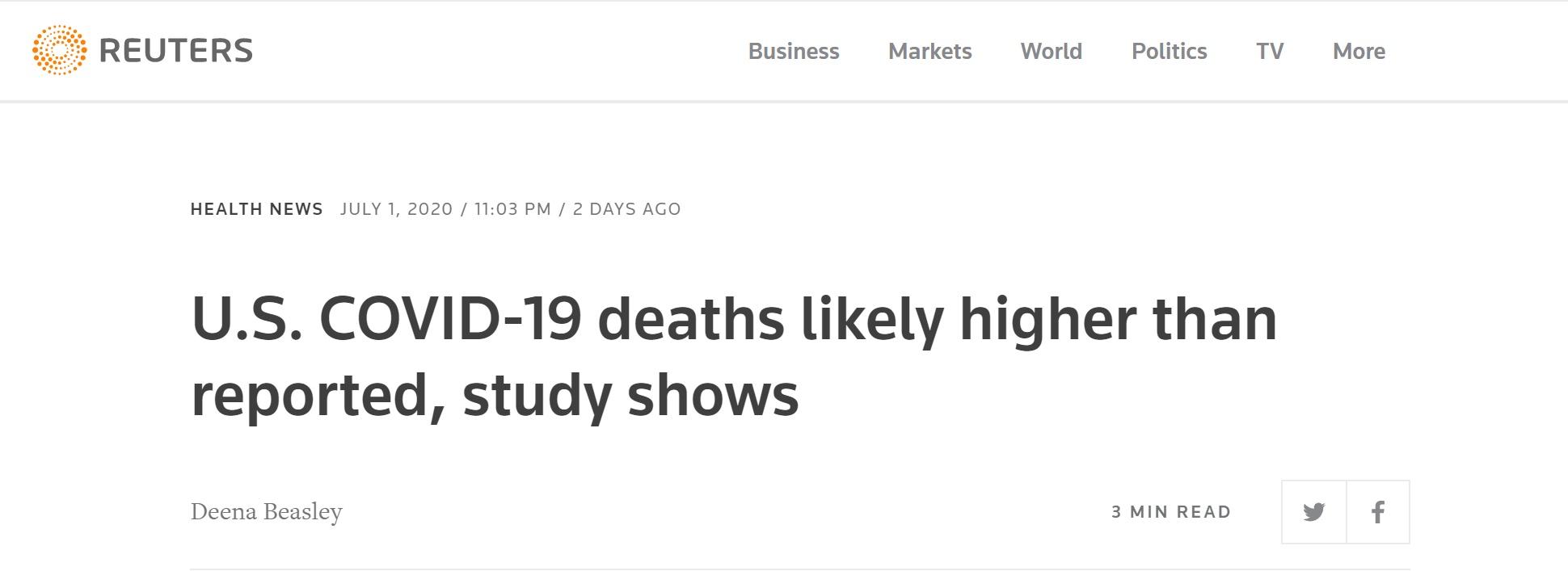 环球网|路透社：研究显示，美国新冠肺炎实际死亡人数很可能高于官方统计