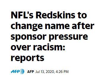 环球网|被批歧视美国原住民，华盛顿红皮队受资方施压后正式宣布停用队名队徽