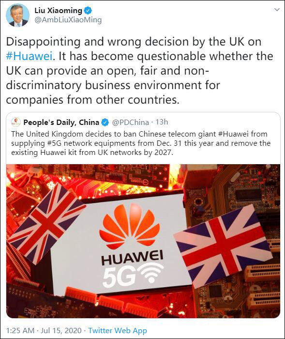刘晓明|中国驻英大使刘晓明：英国禁止华为错误且令人失望