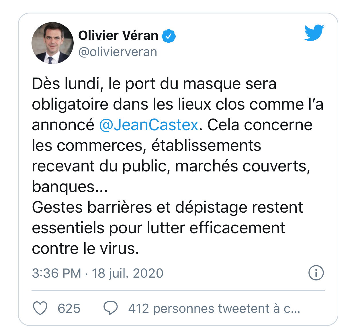 |法国卫生部长：20日起所有室内公共场所强制佩戴口罩