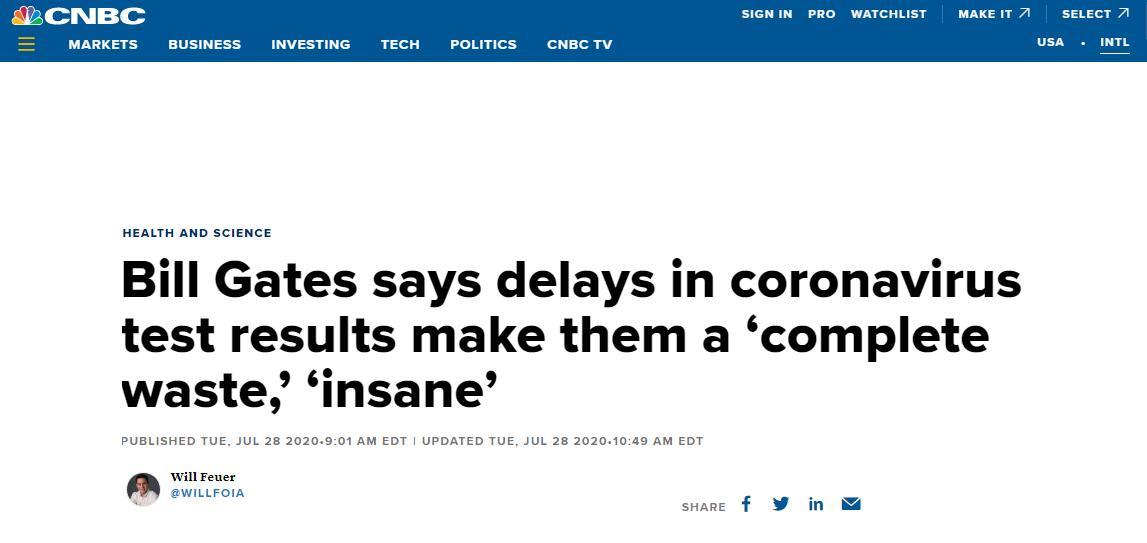 国际|比尔·盖茨批美国新冠检测结果出得慢：完全就是浪费！