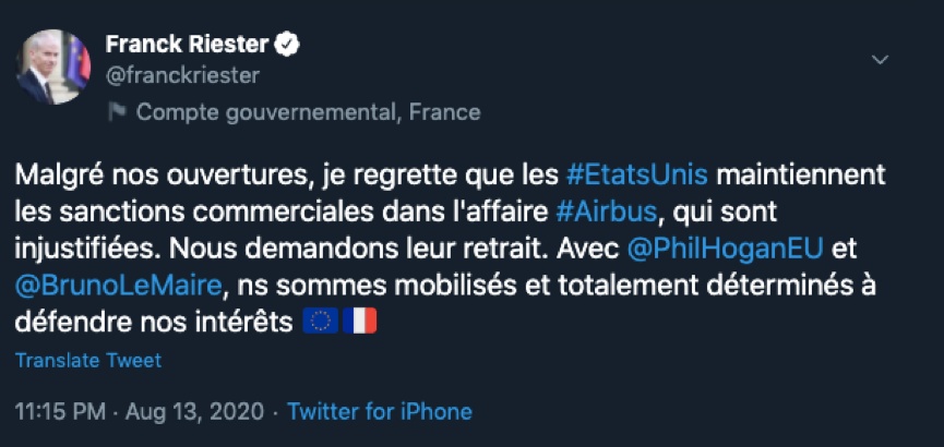 央视新闻客户端|美国决定维持对空客和欧盟产品关税 法国官员：或将采取反制措施