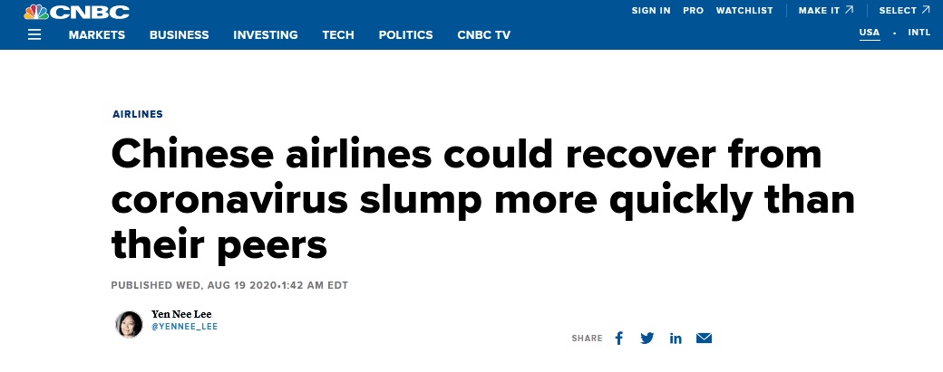 环球网|先“飞”一步!美媒关注:由于中国控制住疫情,中国航司恢复速度快于欧美同行