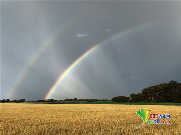 中国青年网|英国塞夫顿雨后现奇景 田野上空挂双彩虹
