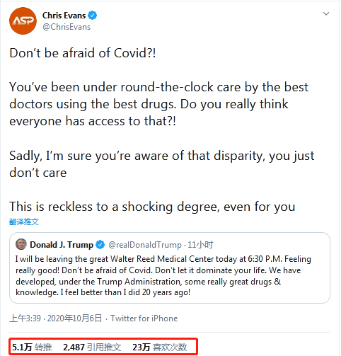 特朗普|特朗普号召“别怕新冠”，美国队长怒怼：谁医疗条件能跟你比？